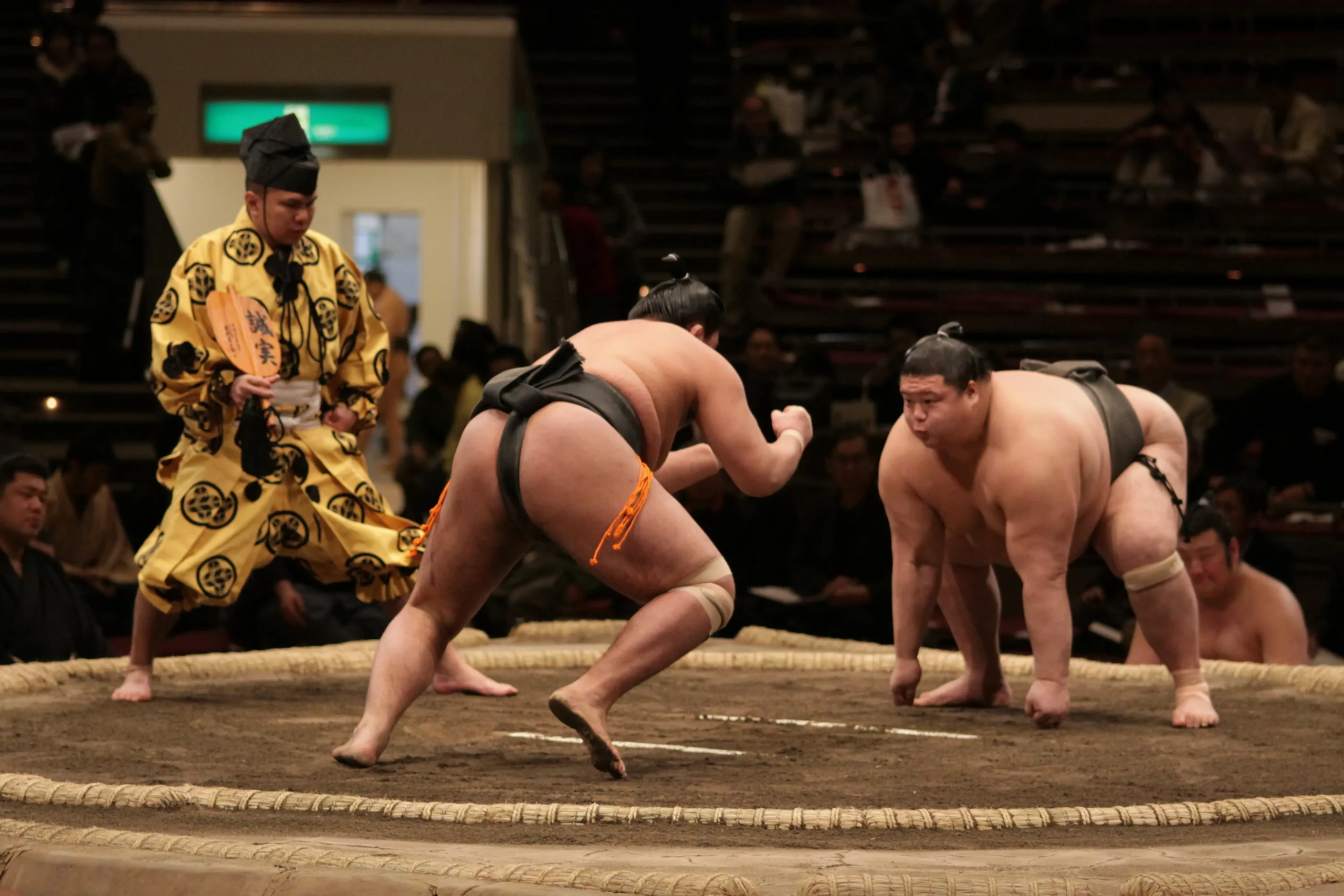 Two sumo wrestlers in a deep stance, preparing to clash in a traditional sumo match inside the ring.