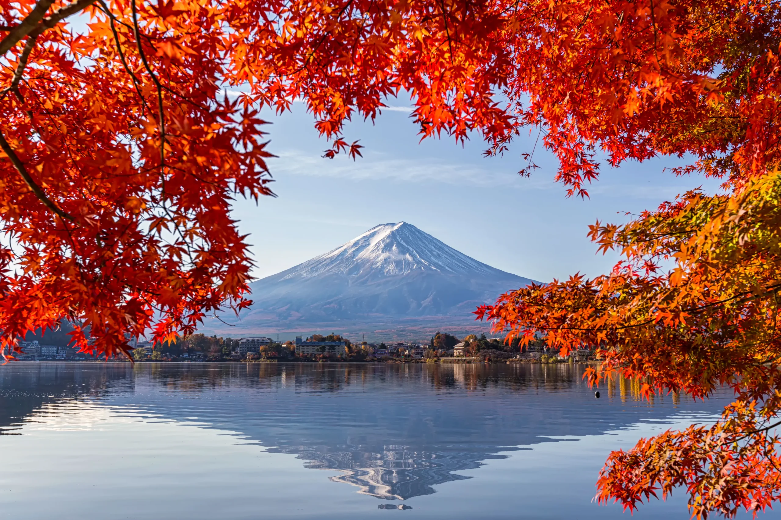 A breathtaking view of Mount Fuji, framed by vibrant red autumn maple leaves, reflected in the calm lake below.