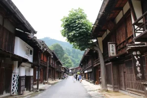 A picturesque post town surrounded by historic wooden houses, representing a beautifully preserved glimpse of Japan’s Edo period.