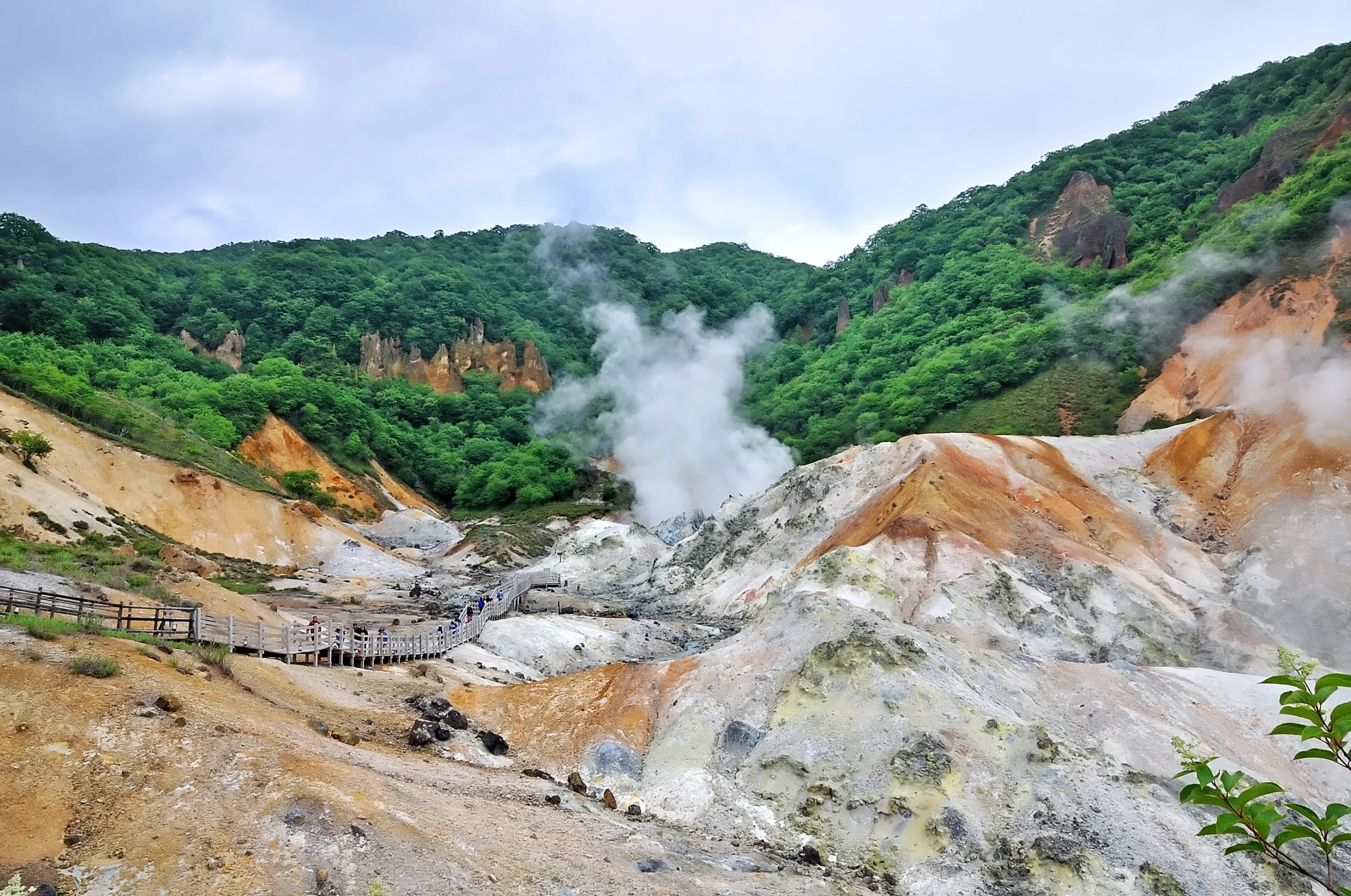 A scenic view of Noboribetsu Hell Valley in Hokkaido, Japan, featuring steaming volcanic vents, sulfuric rock formations, and a wooden walking path surrounded by lush green mountains.