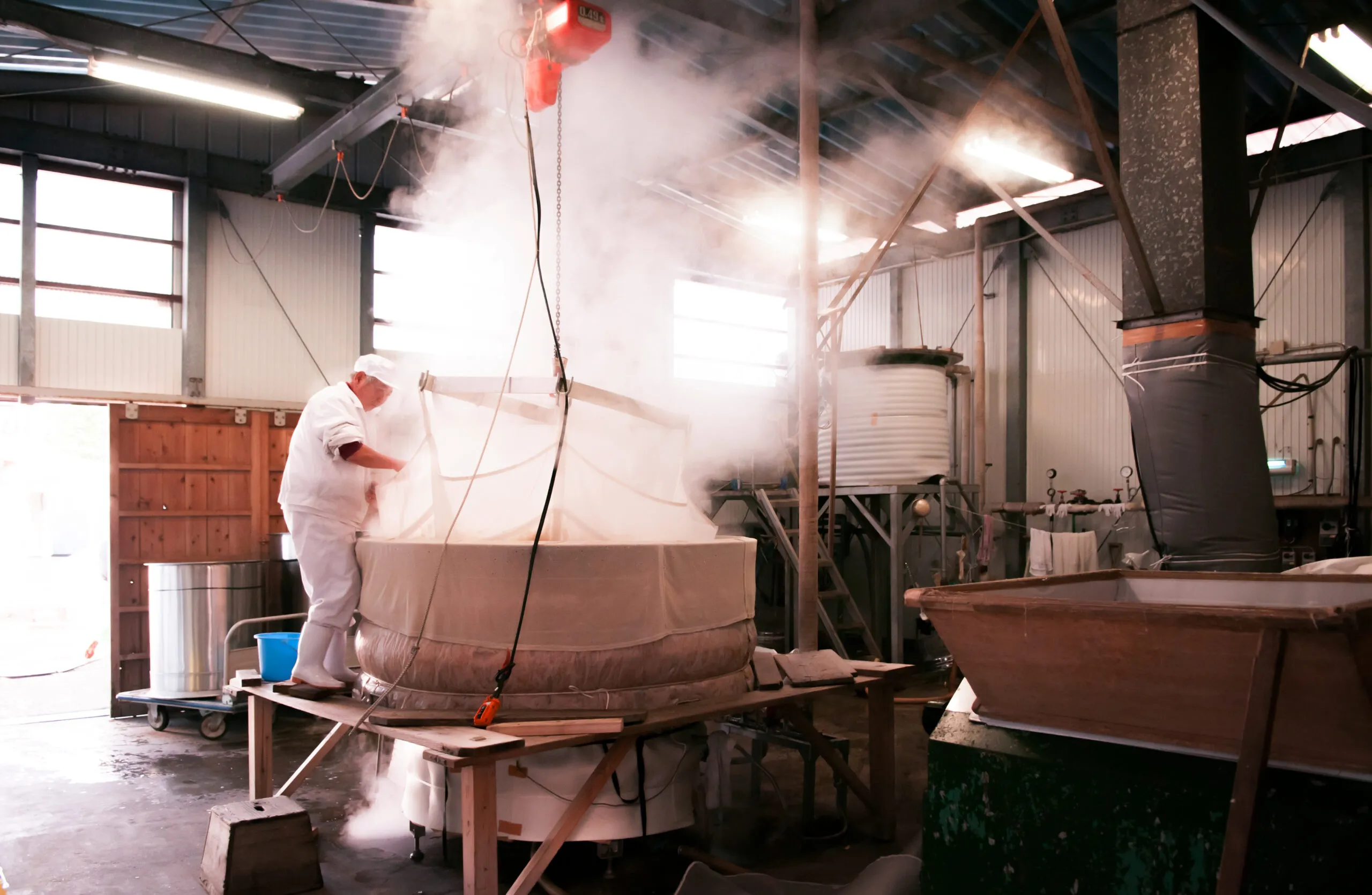 Rice steaming for making Japanese sake