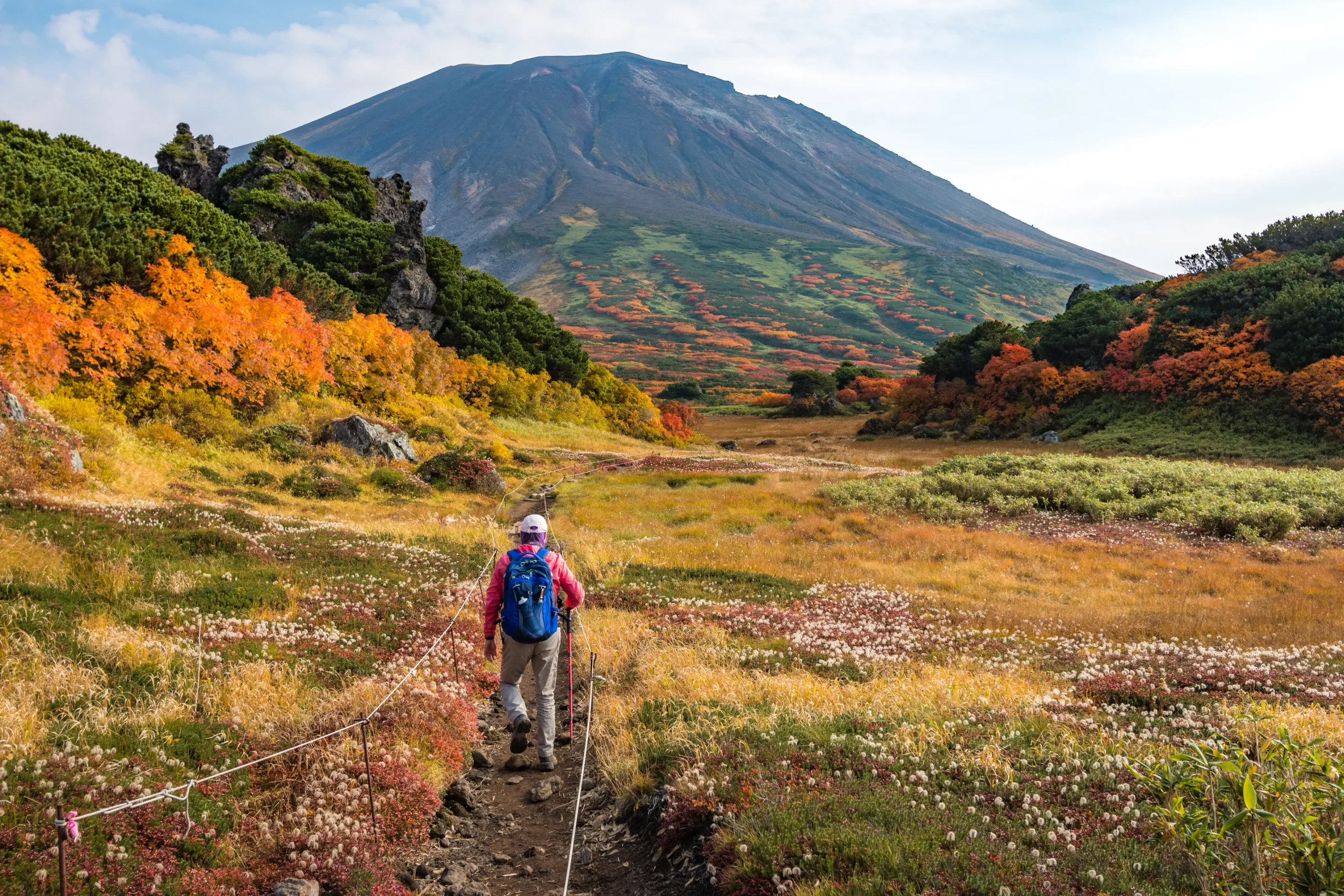 A hiker walking along a mountain trail surrounded by vibrant autumn foliage at the base of Asahidake, Hokkaido's highest peak, under a clear blue sky