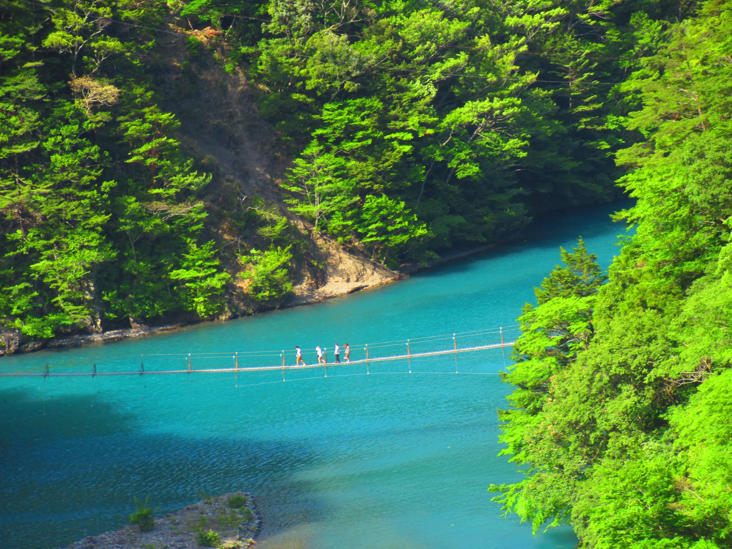 A breathtaking view of the Yume no Tsuribashi Suspension Bridge stretching across an emerald-blue river, surrounded by lush green forests.