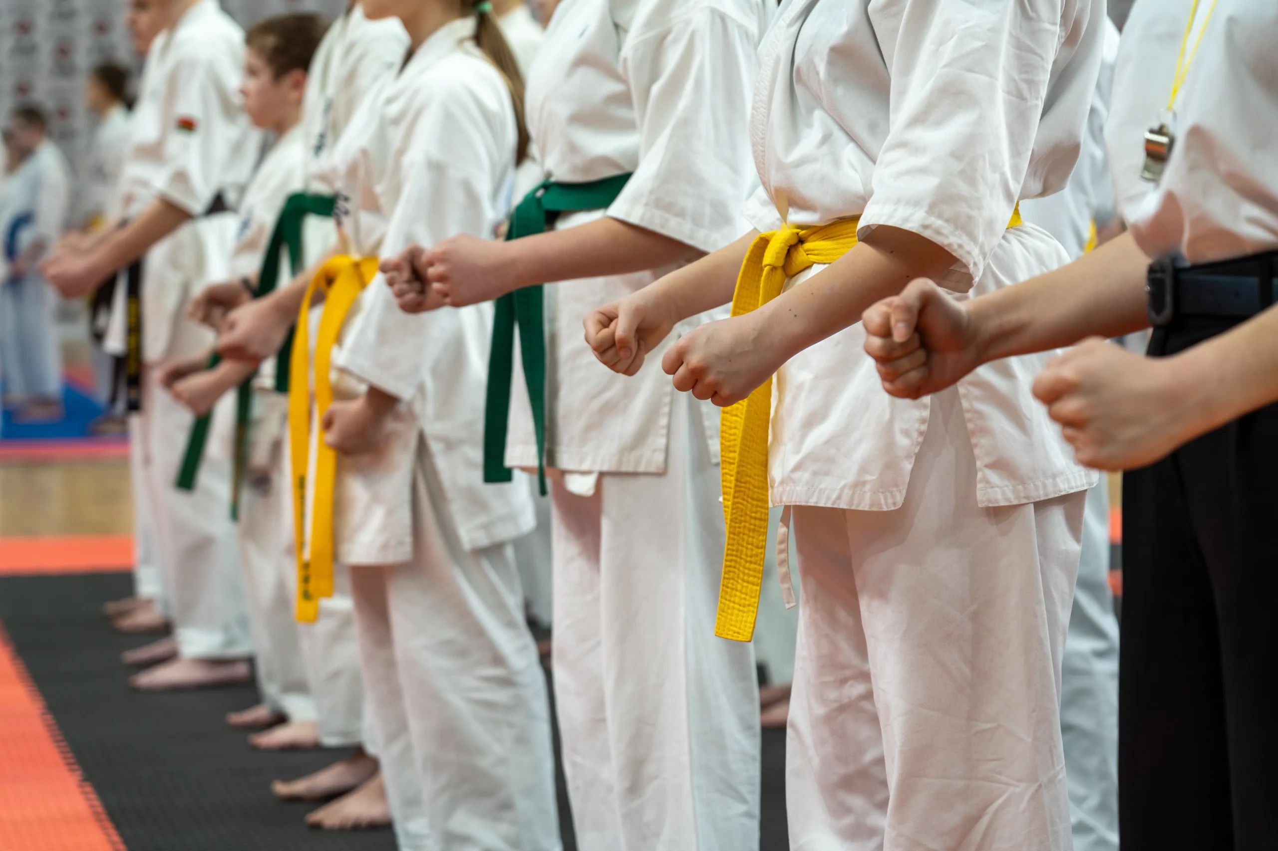 A row of karate students in white uniforms standing in formation, their fists clenched, each wearing a colored belt indicating their rank.