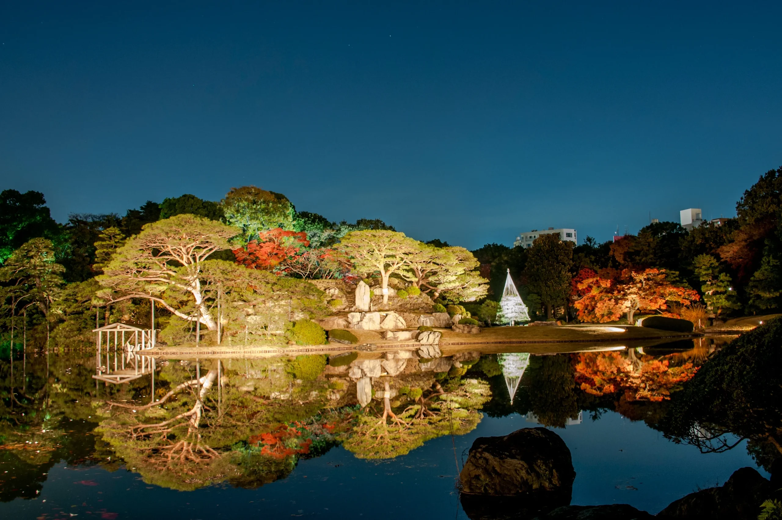 Rikugien Garden at night, with beautifully illuminated trees and a calm pond reflecting the autumn foliage and a lit-up traditional structure.