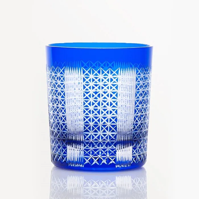 A blue Edo Kiriko glass featuring the traditional "Asa-no-ha" (hemp leaf) geometric pattern.