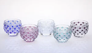 A set of Edo Kiriko glasses showcasing the "Hakkaku-Kagome"