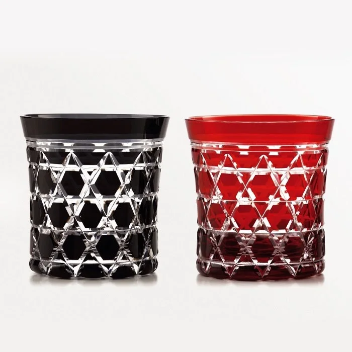 Two Edo Kiriko glasses in red and black