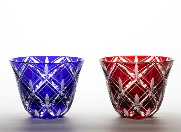 A finely crafted Edo Kiriko glass with the "Yarai" (woven fence) pattern, highlighting delicate latticework.