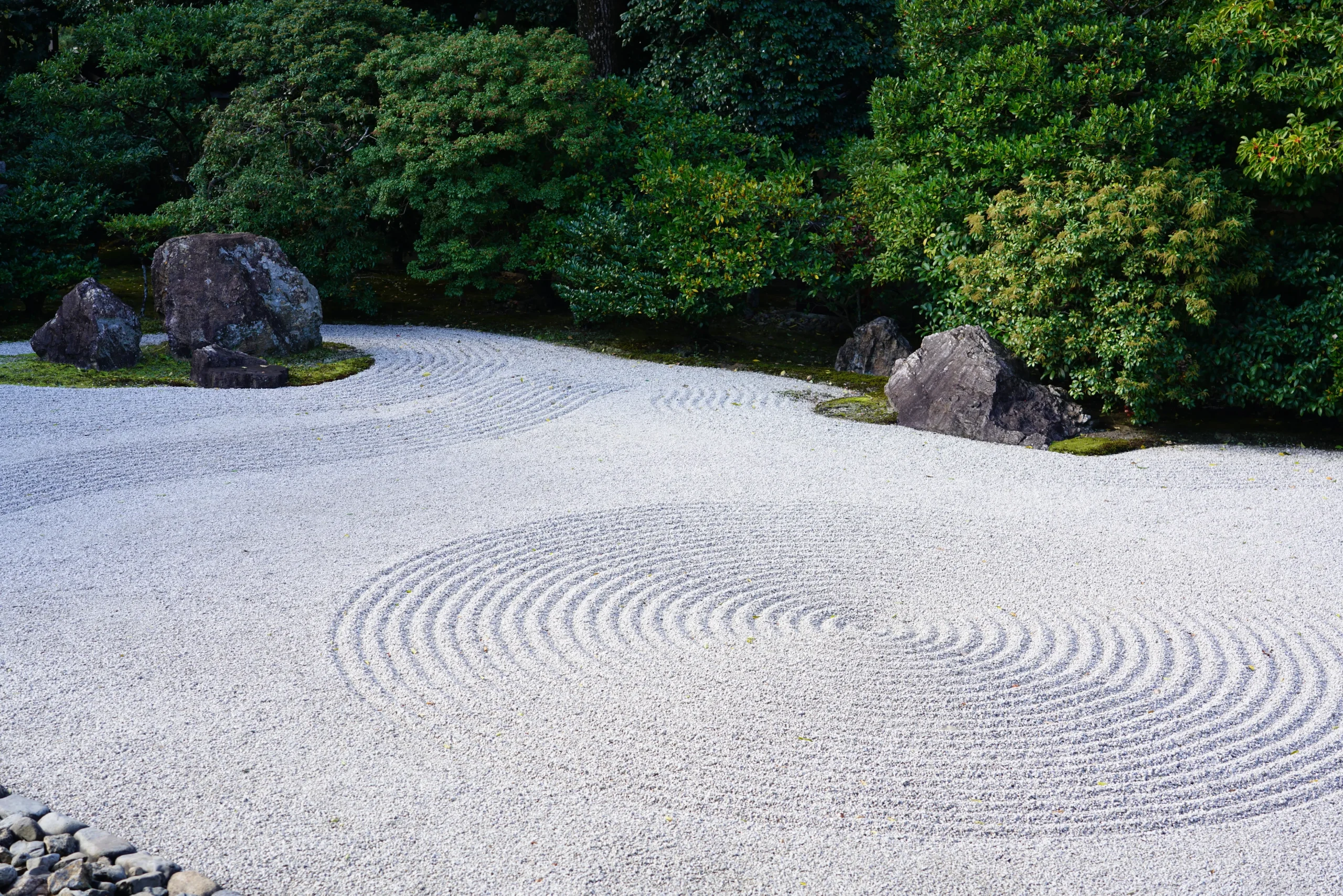 A minimalist Zen rock garden with carefully raked white gravel forming circular patterns around large rocks, creating a meditative and harmonious atmosphere.