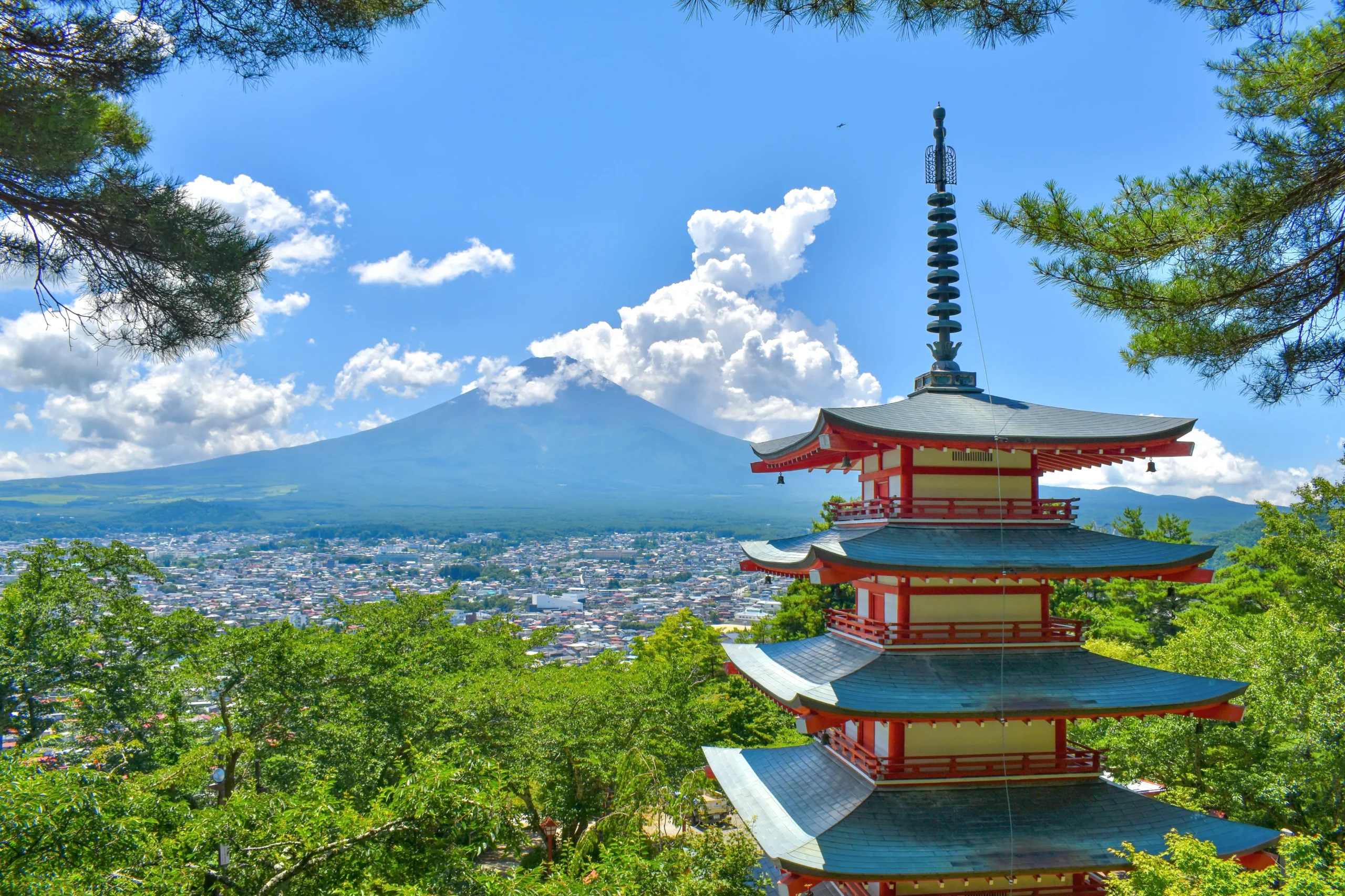 View of Mt. Fuji with Chureito Pagoda at Arakurayama Sengen Park in Japan