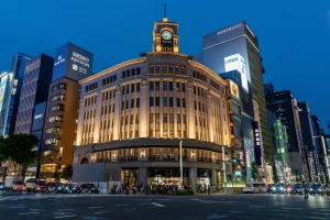 Night view of Wako Department Store and shopping street in Ginza, Tokyo