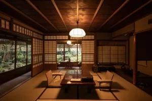Traditional tatami room with garden view at Hiiragiya, a historic ryokan in central Kyoto.