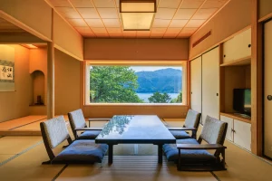 Lake Ashi view from traditional Japanese room at Ryuguden in Hakone.