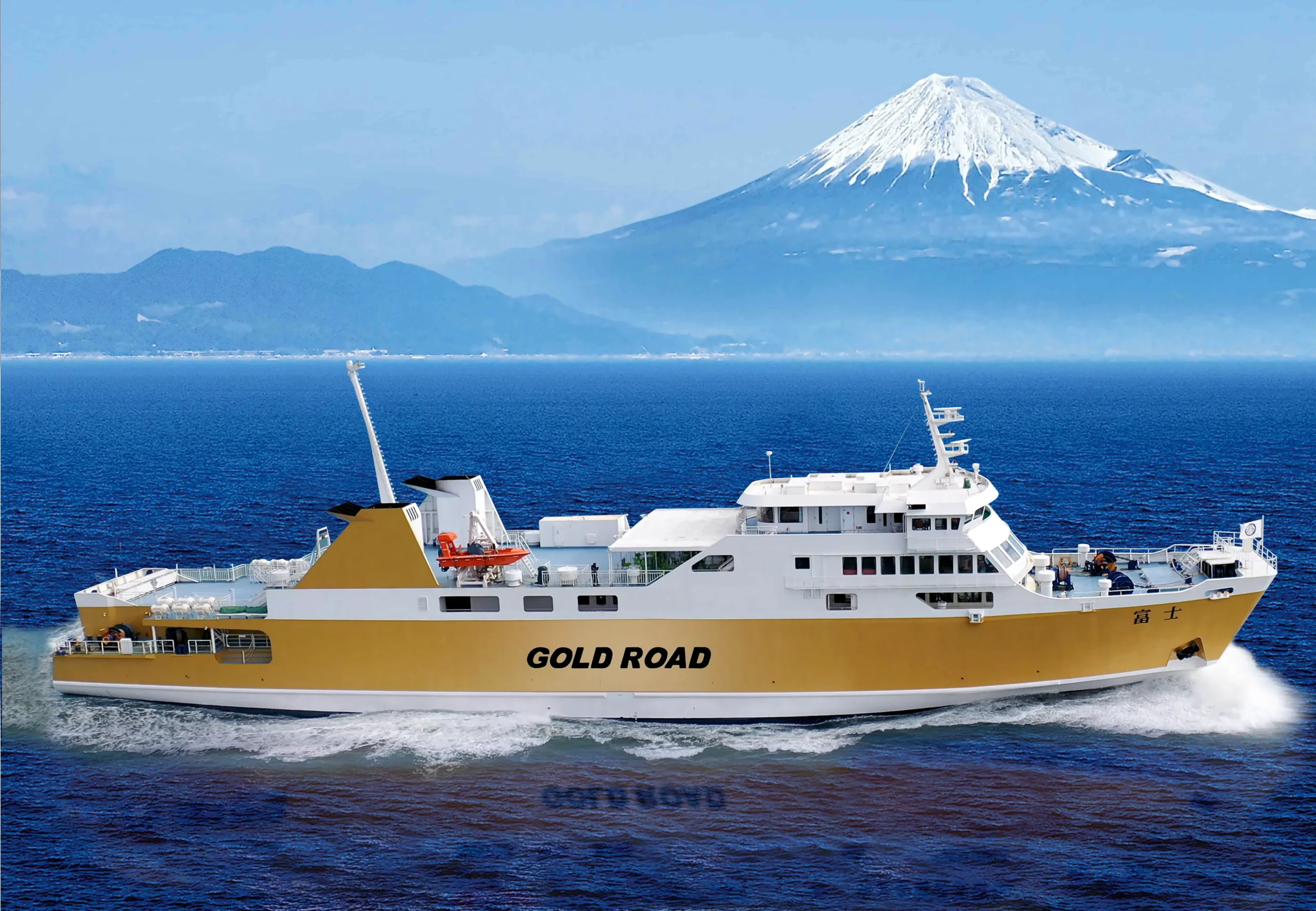 A ferry named “GOLD ROAD” cruising across Suruga Bay with Mount Fuji visible in the background.
