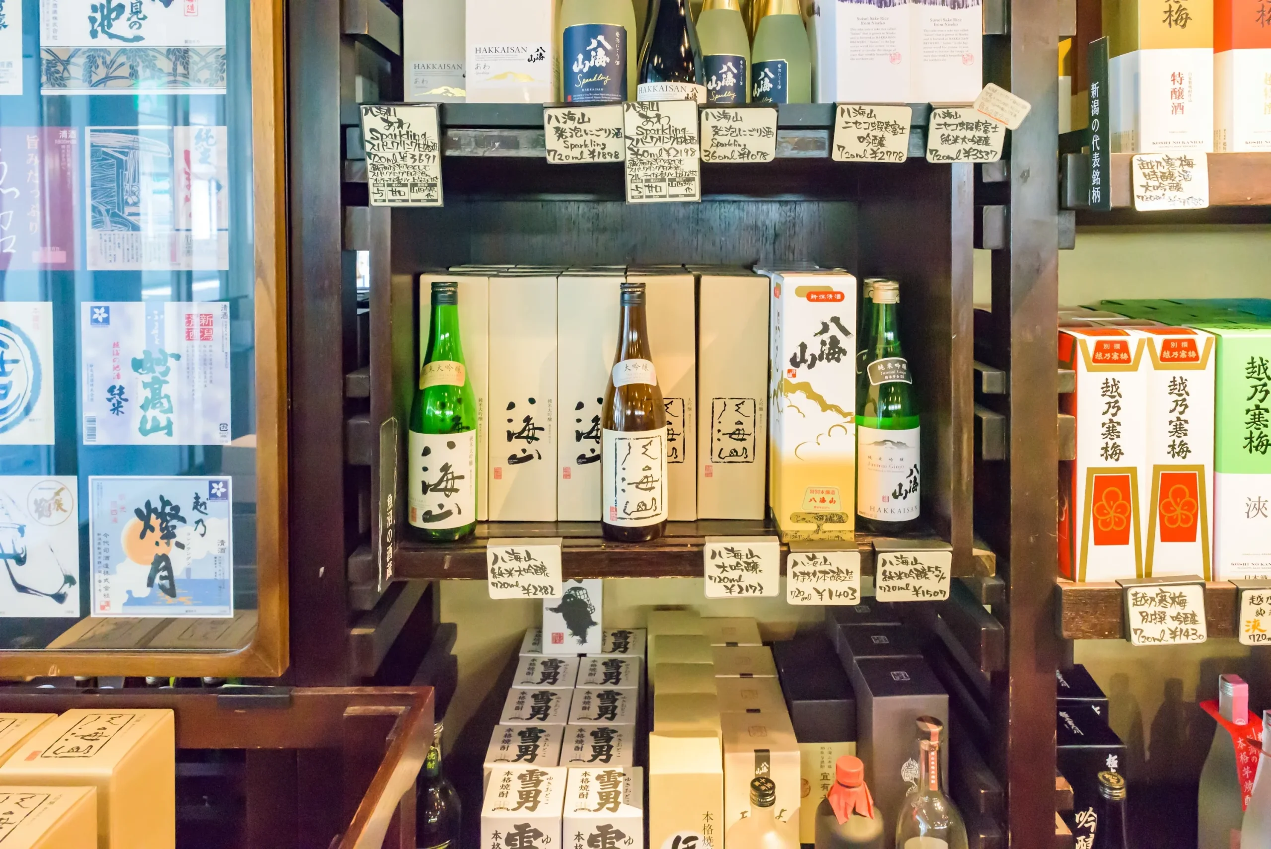 Bottles of Japanese sake displayed in a shop in Niigata, Japan