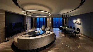Luxury Conrad Osaka suite with modern design and panoramic night city view