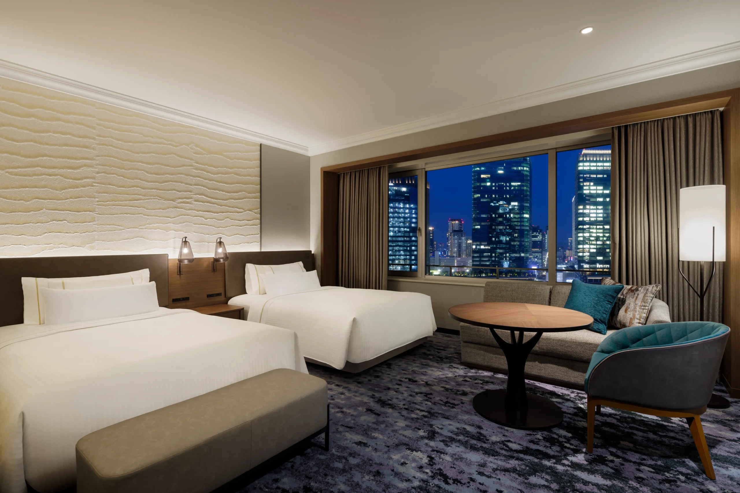 Spacious twin room at Westin Osaka with skyline view and contemporary comfort