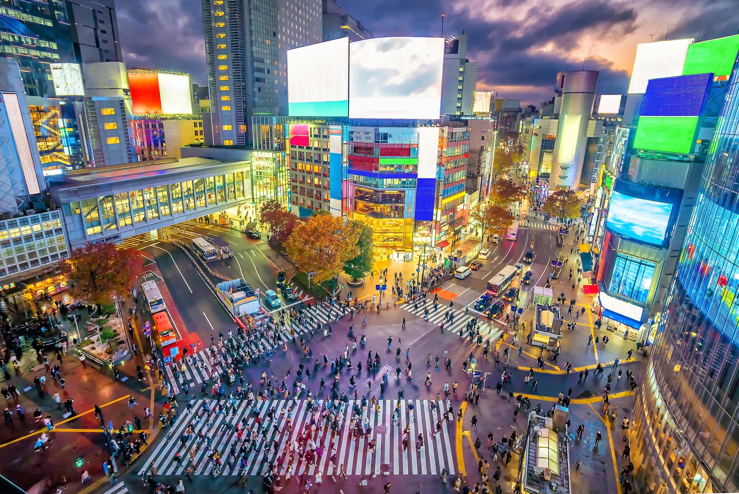 Crowds crossing at Shibuya Scramble Crossing in Tokyo with neon lights and skyscrapers