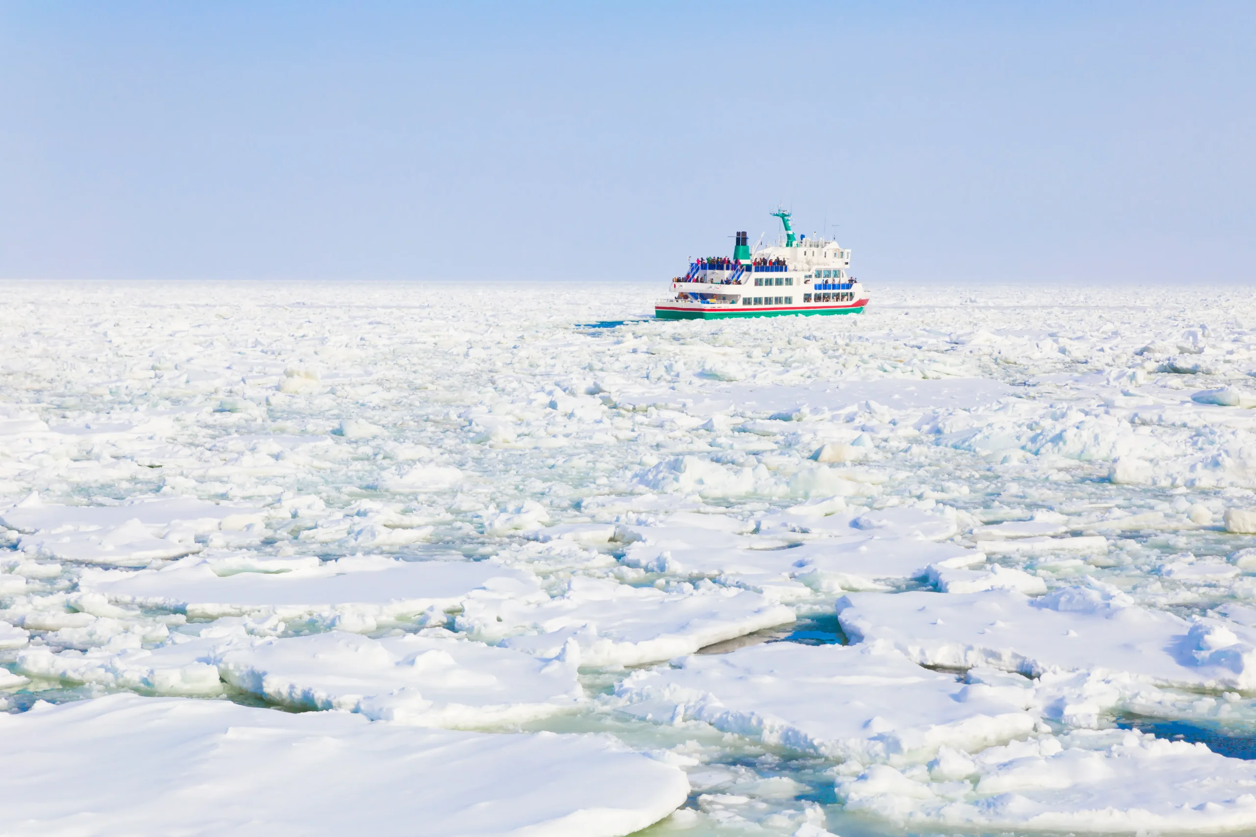 Icebreaker Ship Aurora cruising through drift ice in Abashiri, Hokkaido, Japan