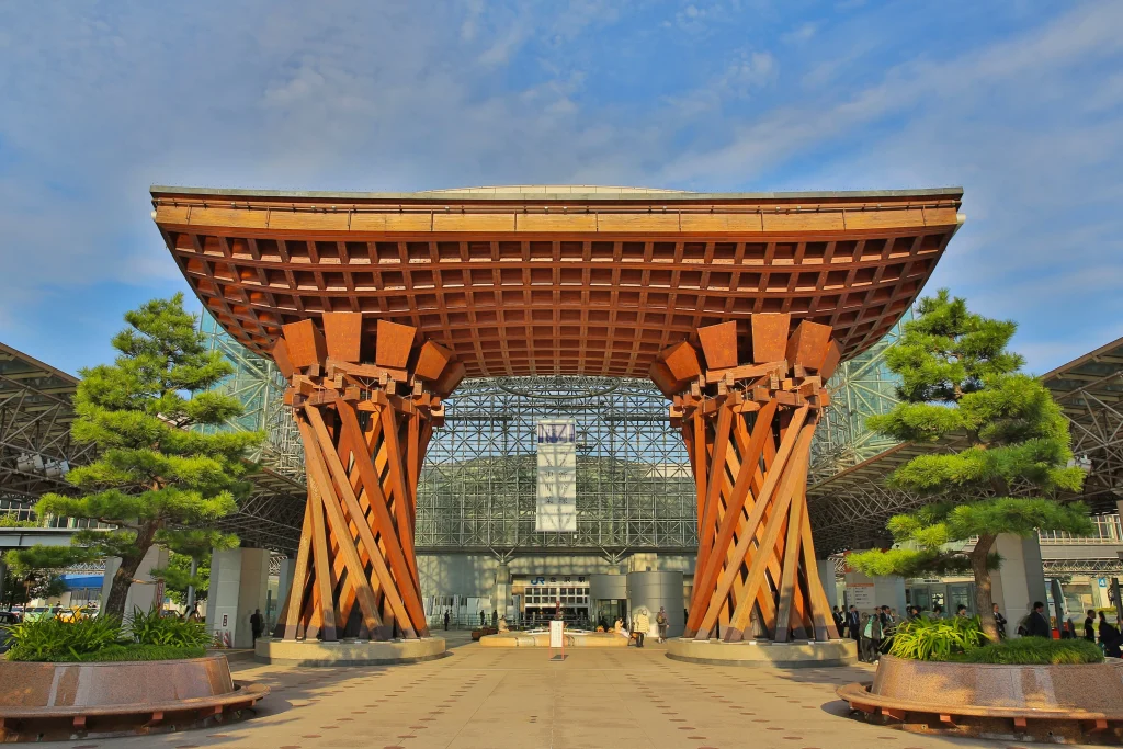 Wooden Tsuzumi-mon Gate at Kanazawa Station, a modern transport hub with traditional design