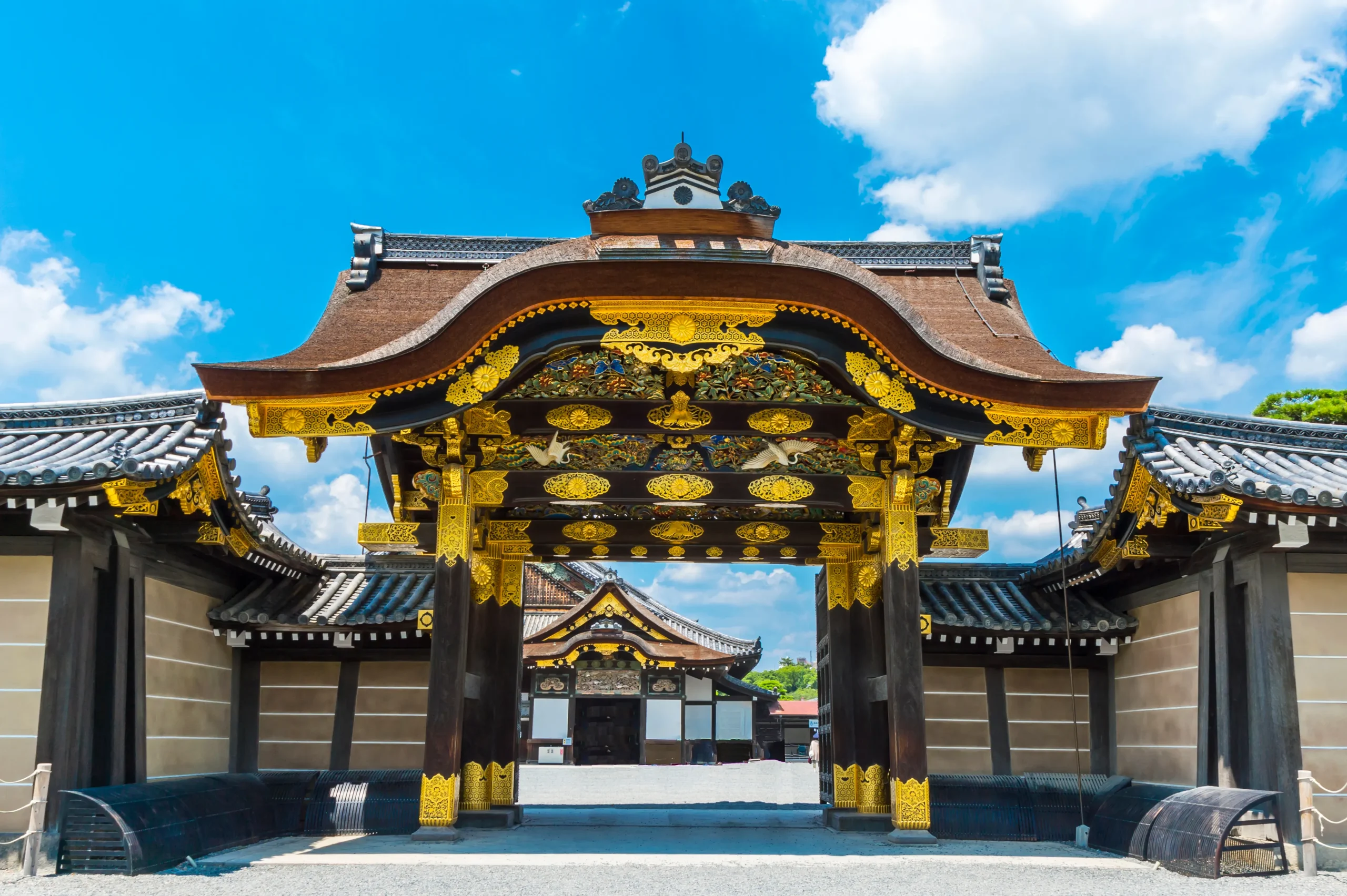 Ornate Karamon Gate with gold details at Nijo Castle in Kyoto
