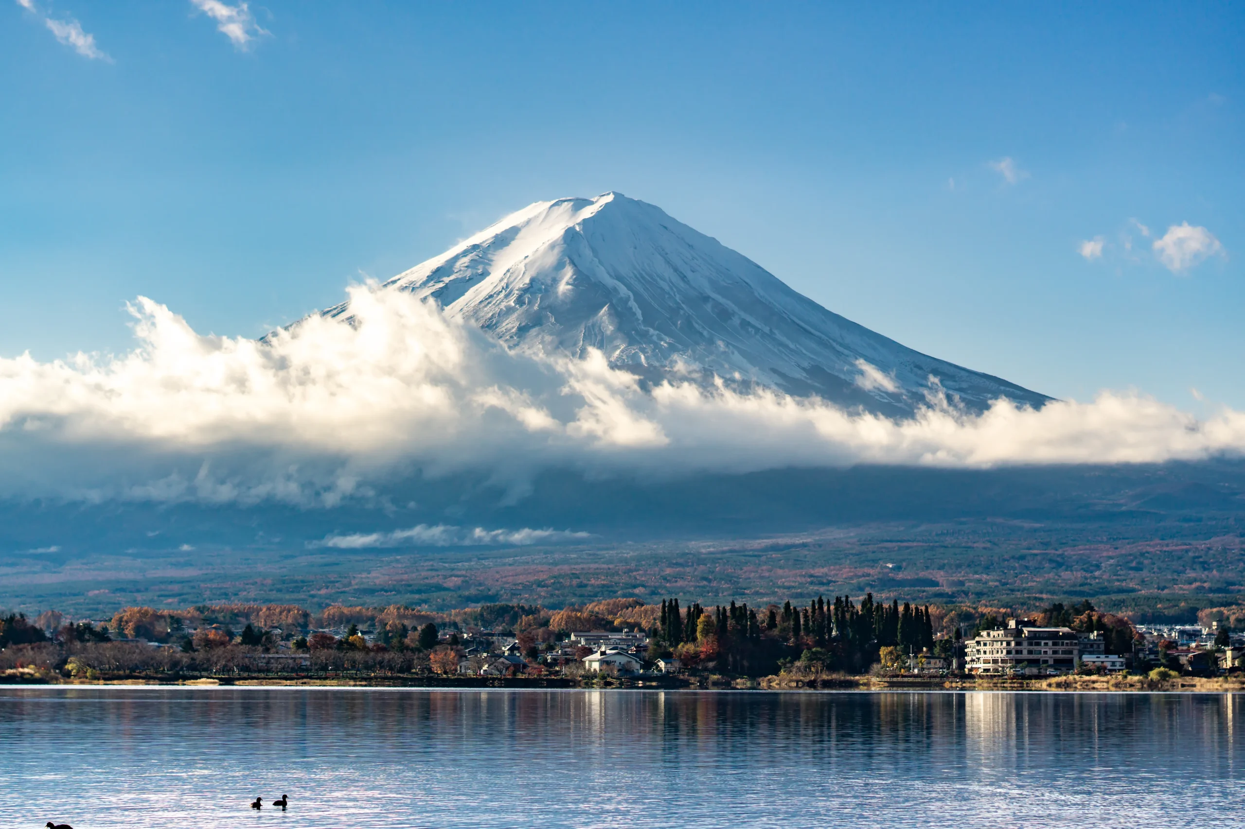 Mount Fuji view over Lake Kawaguchi with morning reflection, Yamanashi, Japan