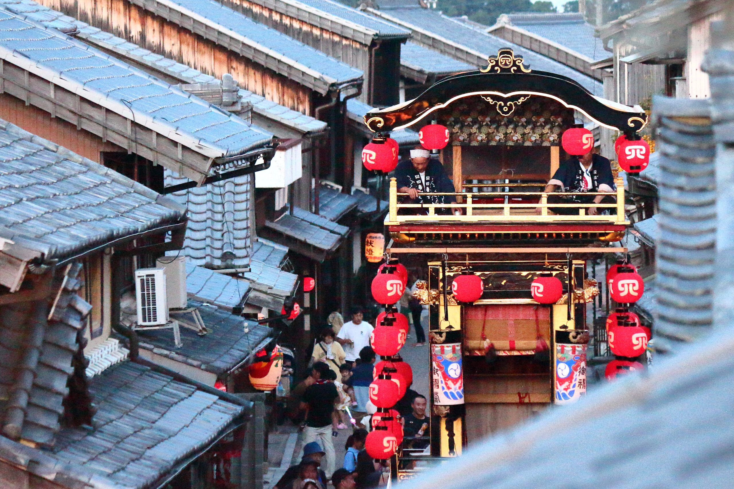 Festival float at Sekijuku Gion Summer Festival in Mie, Japan, traditional lanterns and old town street