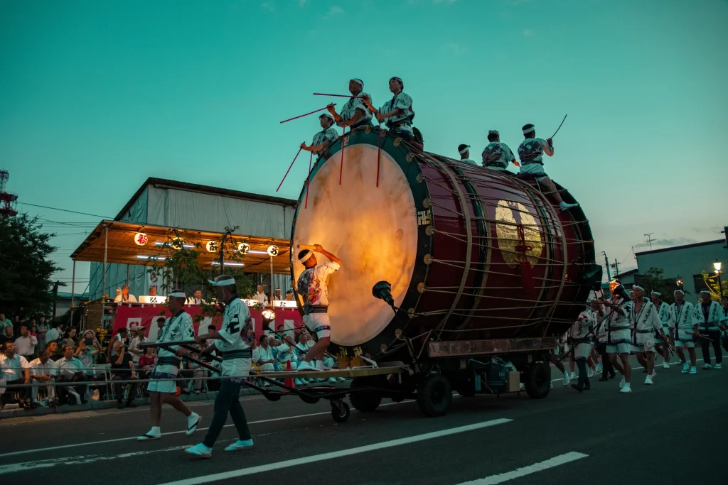 Huge taiko drum parade at Hirosaki Neputa Festival, Aomori, Japan