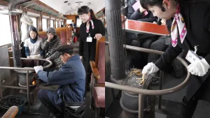 Tsugaru Railway Stove Train in Aomori, Japan, winter sightseeing train with charcoal stove