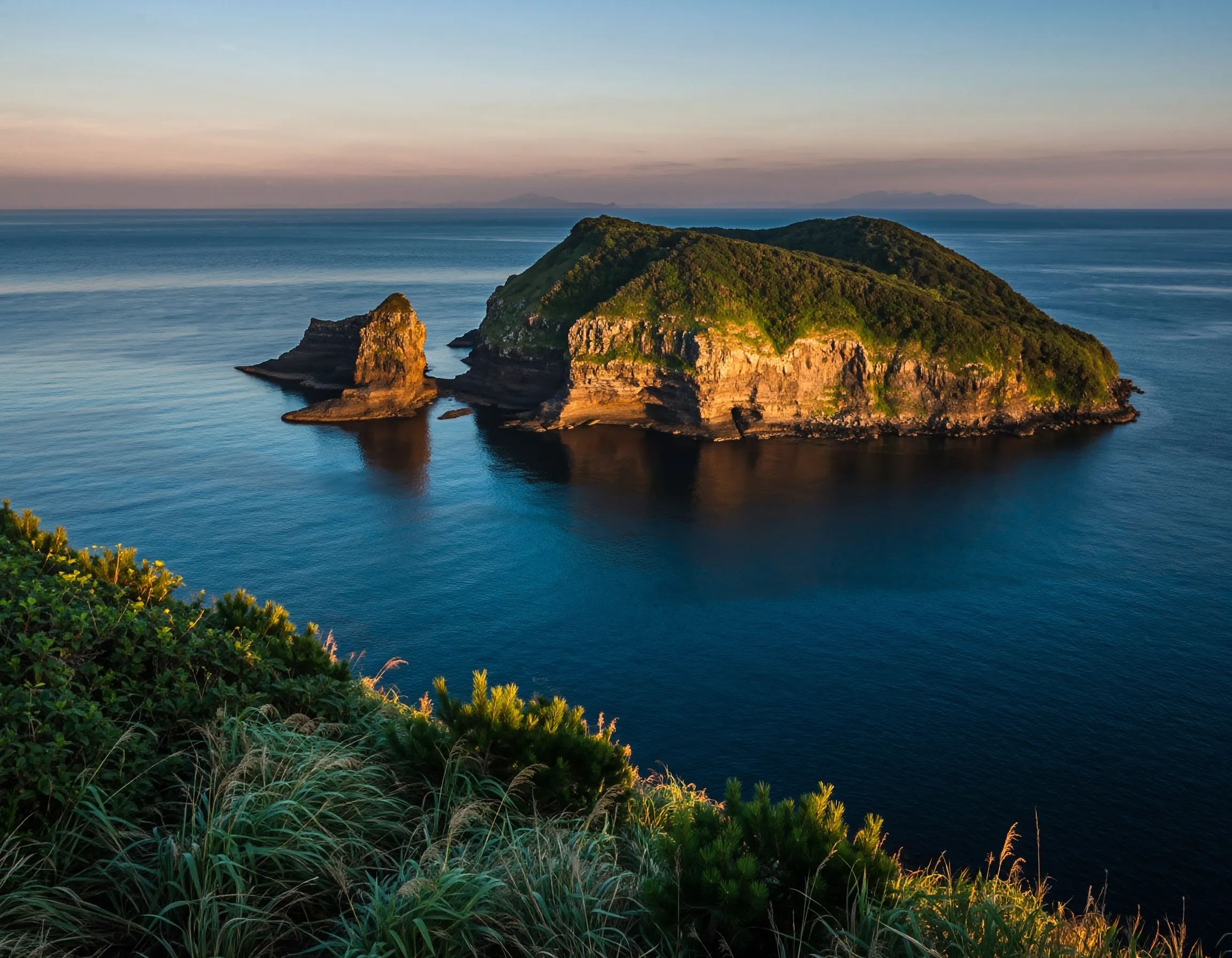Panoramic view of the volcanic cliffs and sea at Aogashima Island in Tokyo.