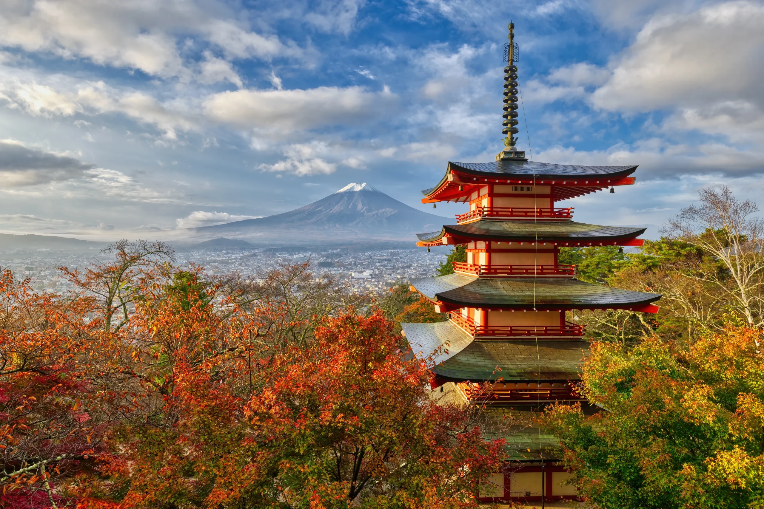 Chureito Pagoda and Mount Fuji with autumn leaves at Arakurayama Sengen Park.