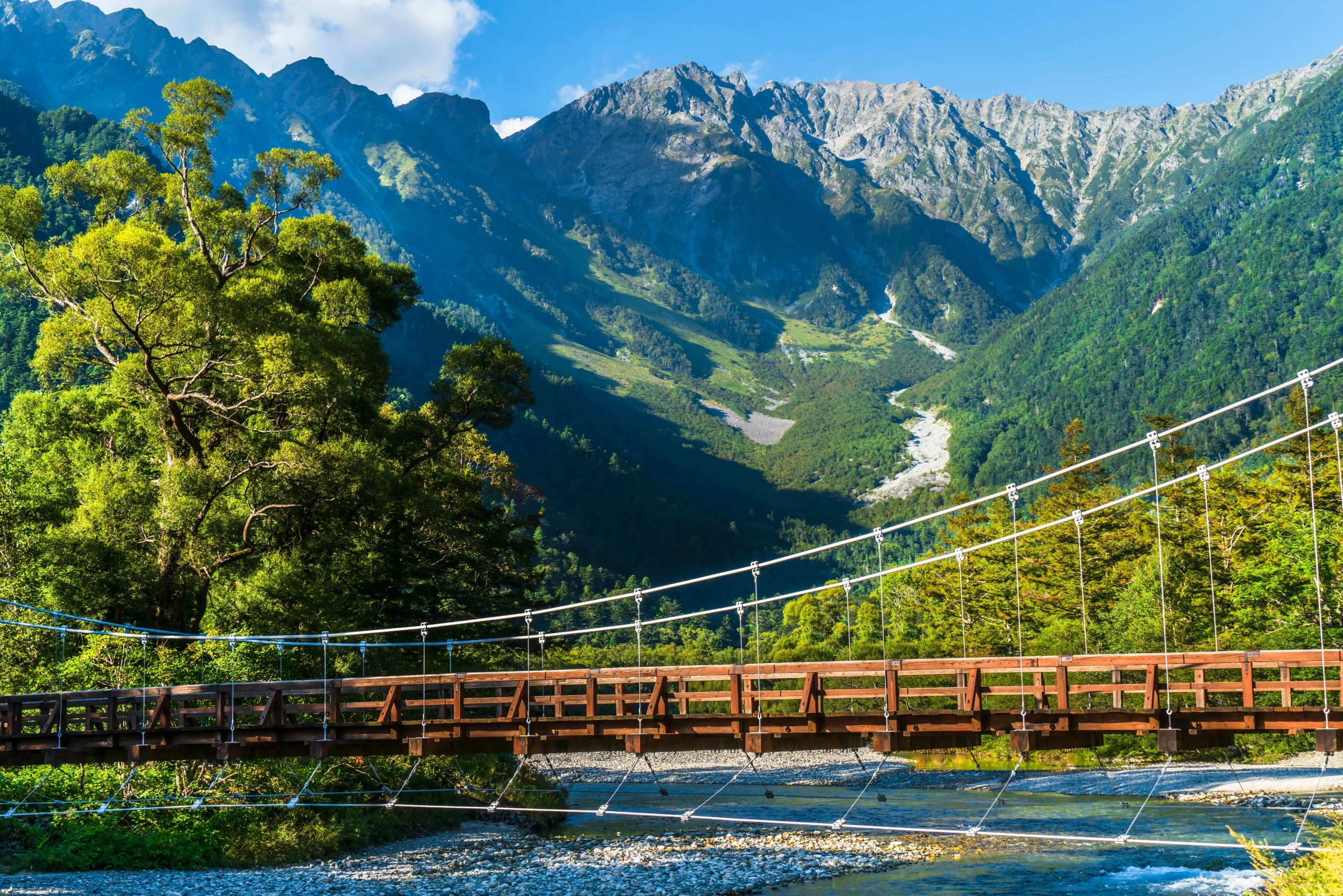 The iconic wooden Kappa Bridge over Azusa River with the Hotaka Peaks in Kamikochi.