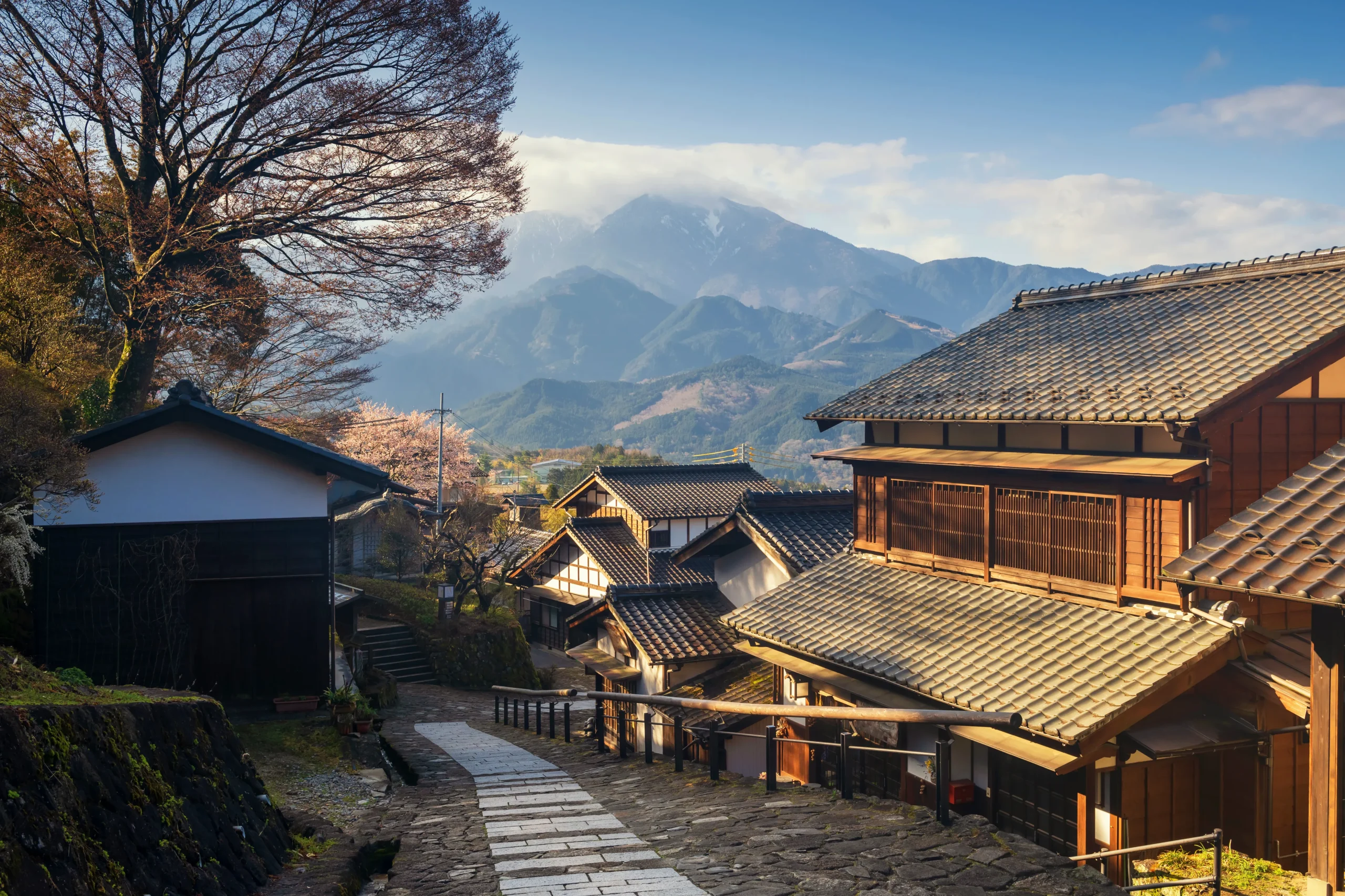 Traditional stone-paved street of Magome-juku post town in the Kiso Valley.