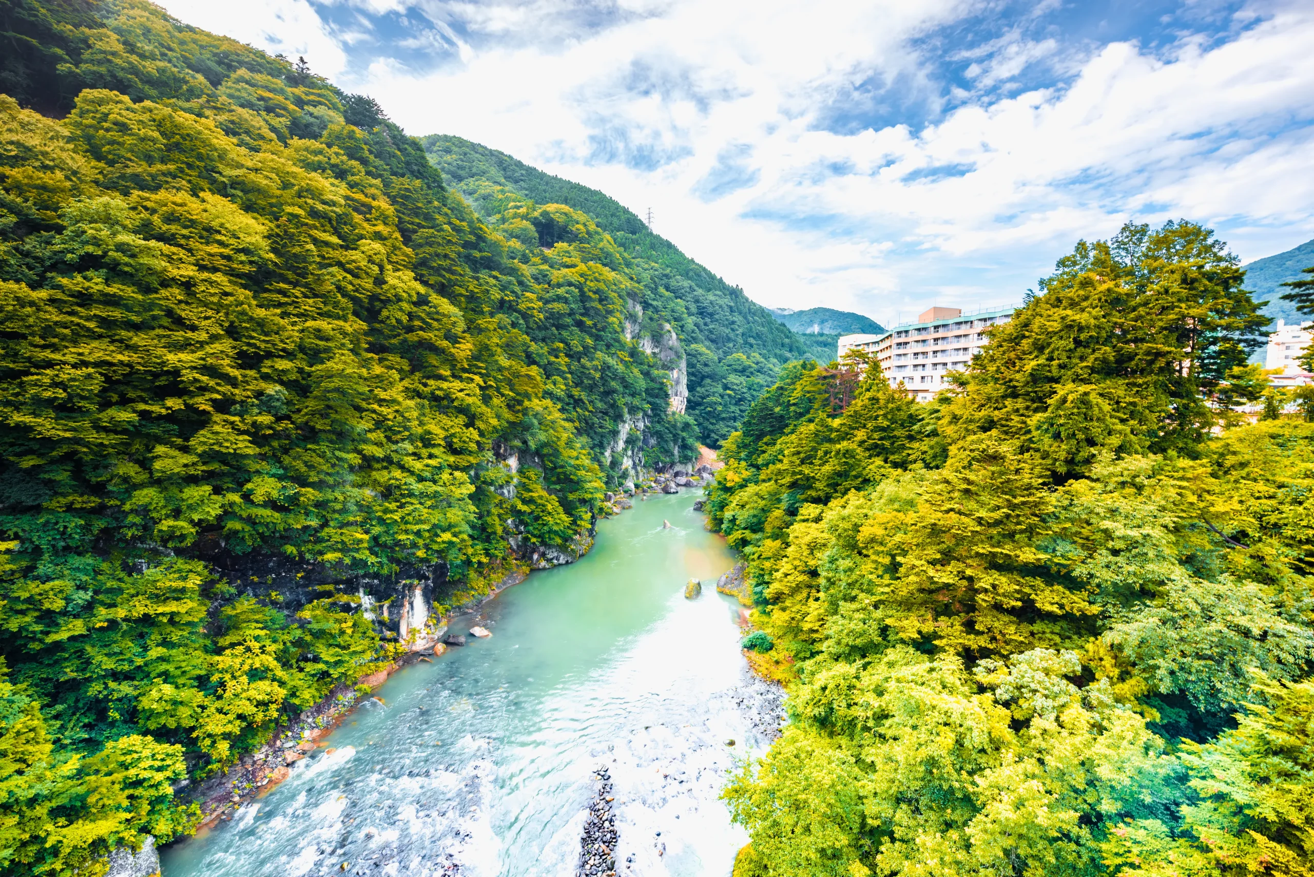 Hotels lining the river gorge at Kinugawa Onsen, Nikko