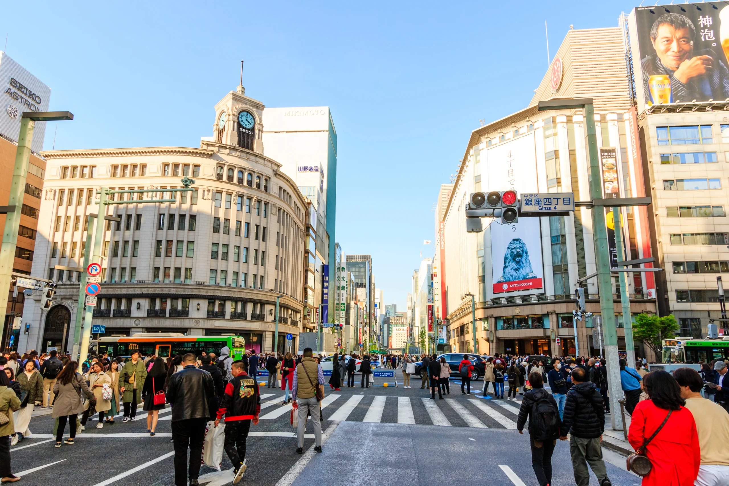Ginza crossing in Tokyo with crowds, Seiko clock tower and shopping streets