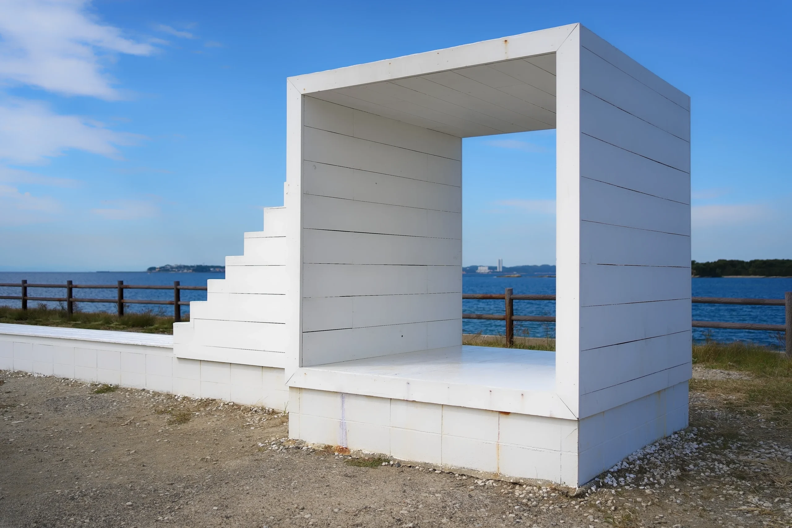Sakushima Island in Aichi with modern white art installation by the seaside