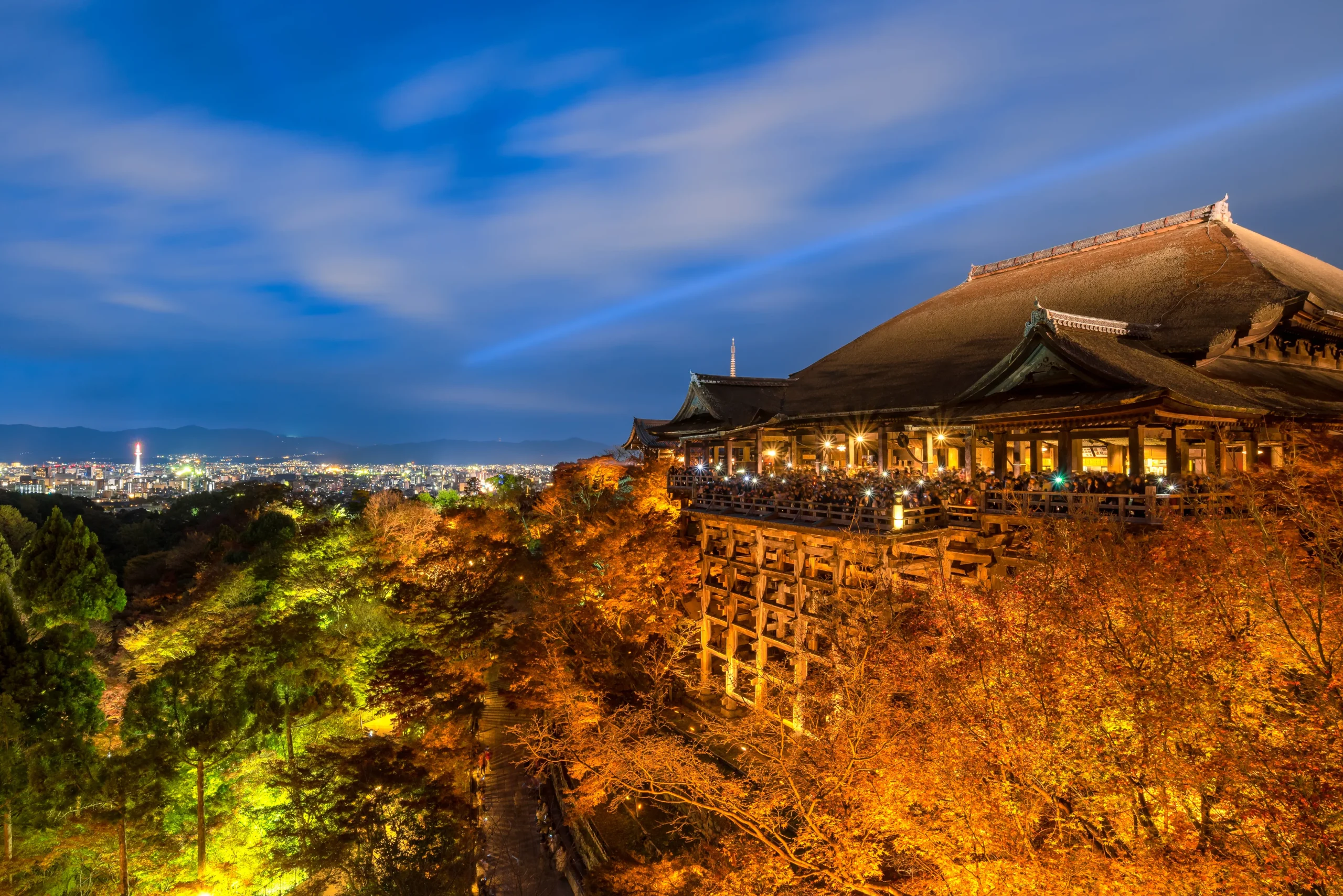 Kiyomizu-dera Temple illuminated during autumn night light-up with colorful fall foliage in Kyoto