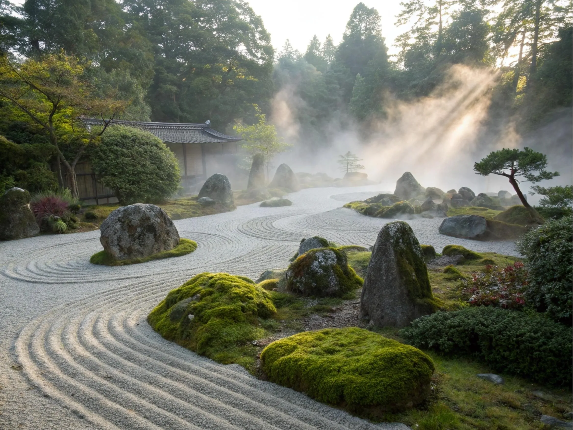 Traditional Japanese Zen garden with raked white gravel, moss-covered rocks, and morning mist creating a tranquil atmosphere