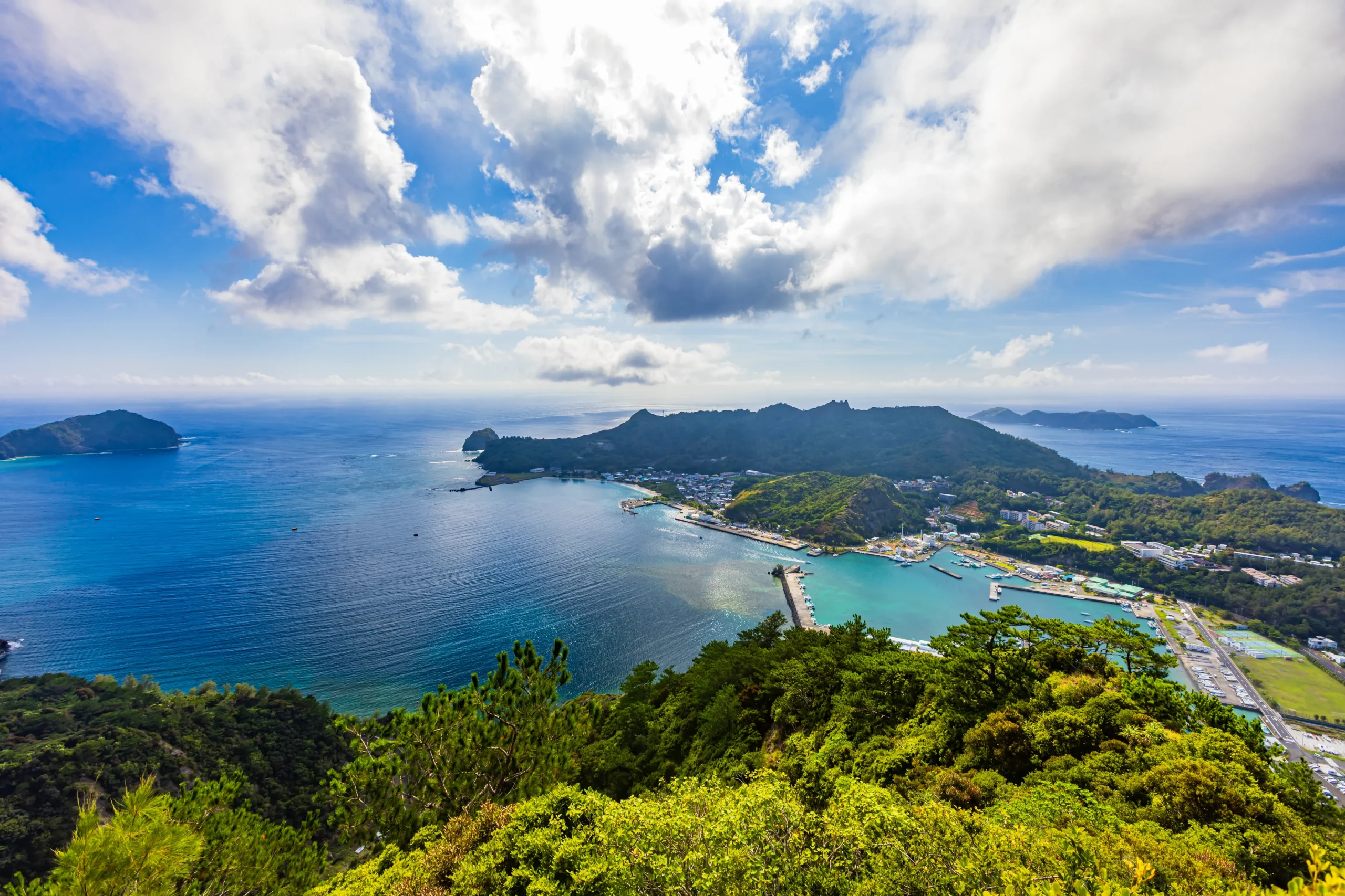 Aerial view of Chichijima harbor and blue bay in the Ogasawara Islands
