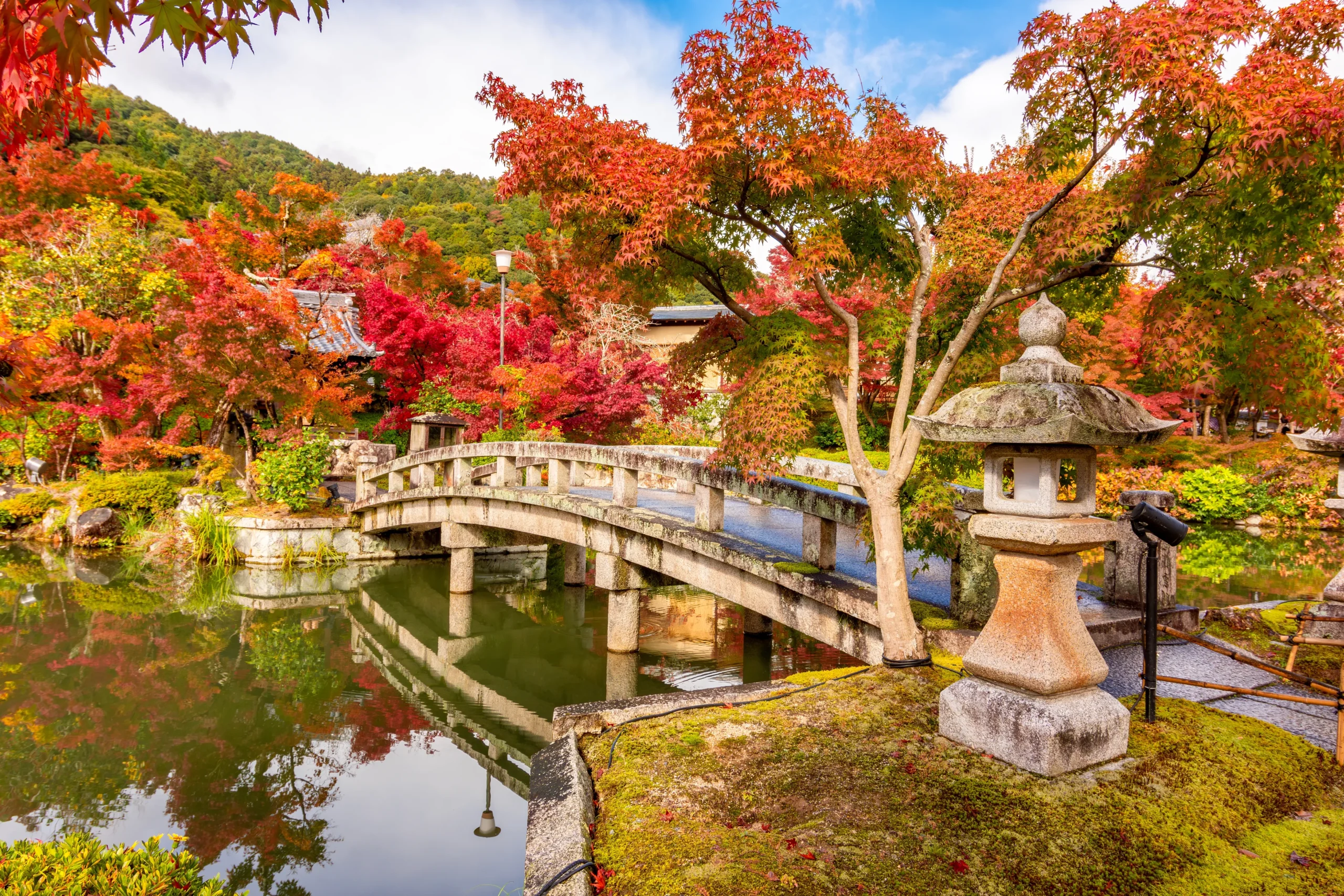 Stone arched bridge and lantern reflected in a pond among red autumn maples at Eikando Temple, Kyoto.