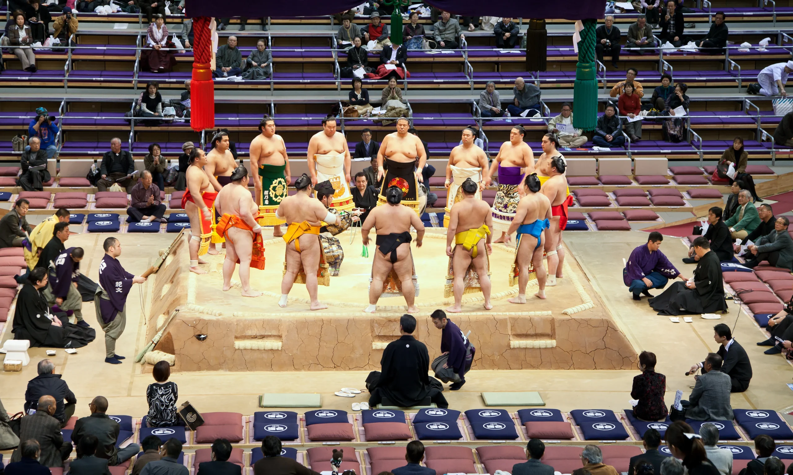 Sumo wrestlers performing the ring-entering ceremony at a Grand Sumo tournament in Fukuoka
