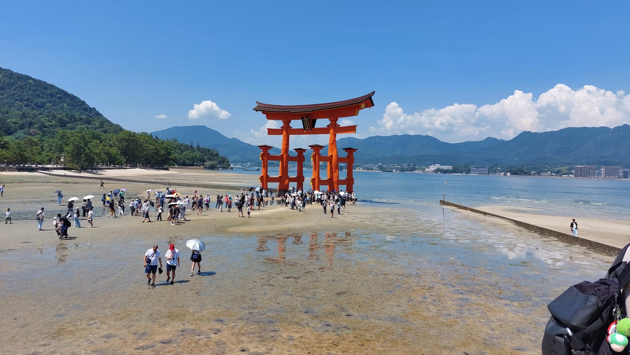 Crowds around the great red torii gate of Itsukushima Shrine at low tide on Miyajima
