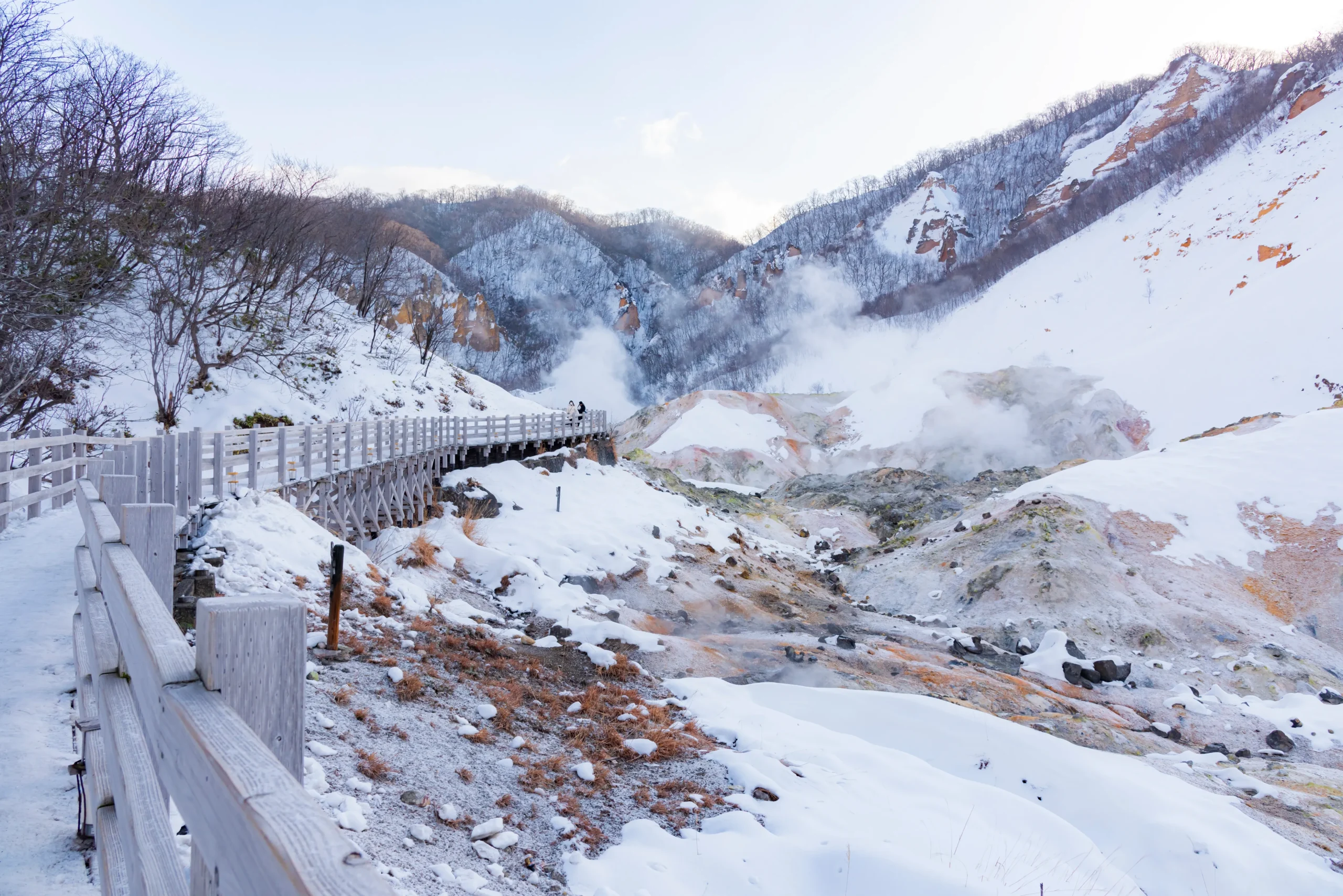Noboribetsu Jigokudani (Hell Valley) with steaming vents and snow in winter