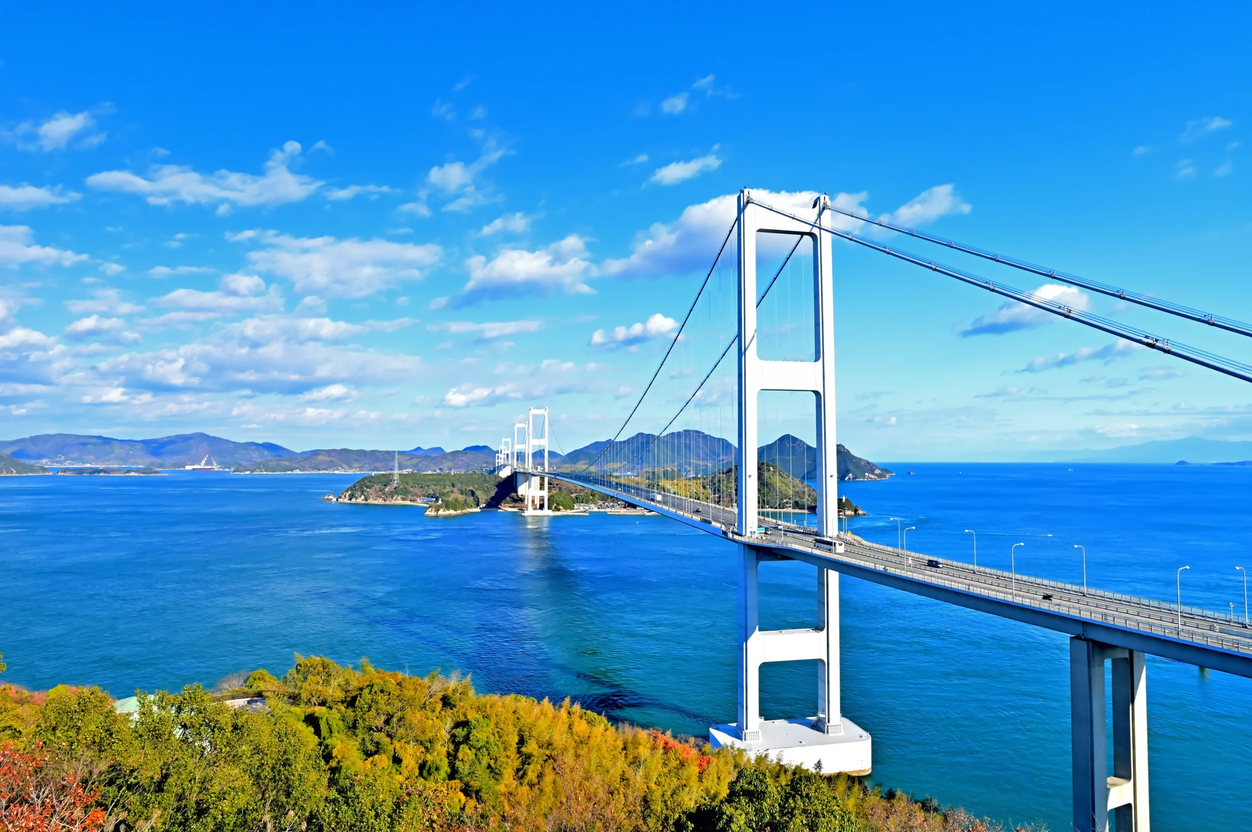 Kurushima Kaikyo Bridge over the blue Seto Inland Sea on the Shimanami Kaido