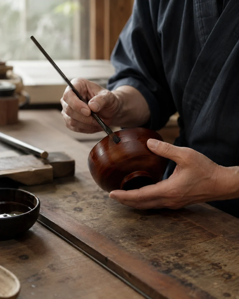 Artisan applies urushi lacquer with a brush to a wooden bowl in a Japanese lacquerware workshop.