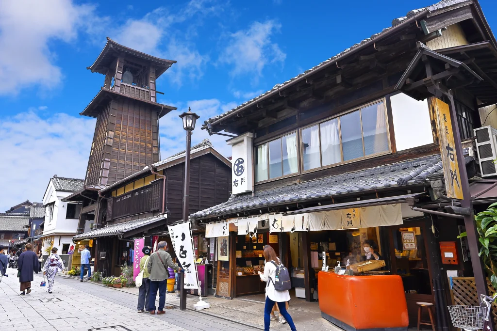 Traditional streetscape and historic bell tower in Kawagoe, Saitama