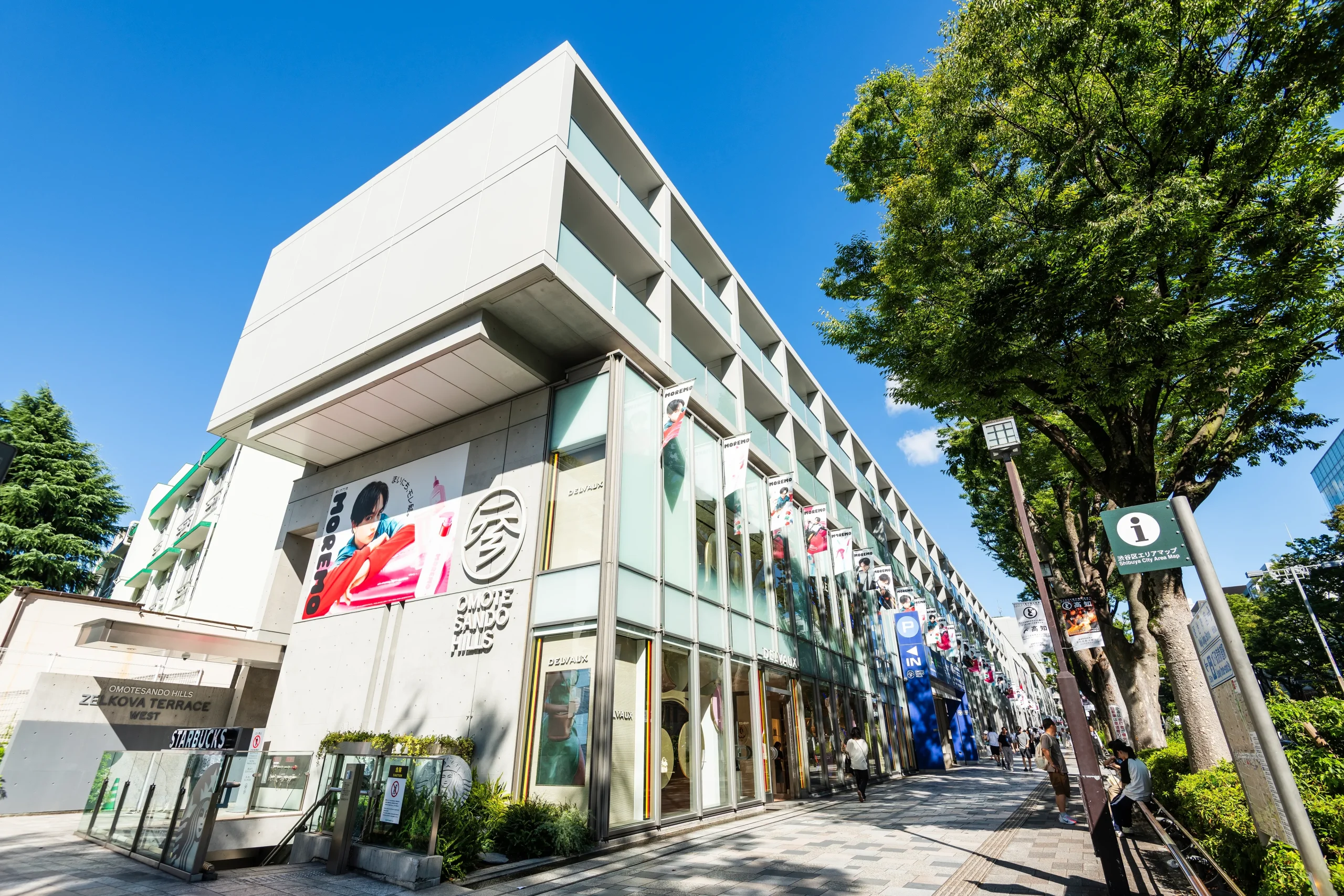 Modern Omotesando Hills shopping complex along the tree-lined Omotesando avenue in Tokyo