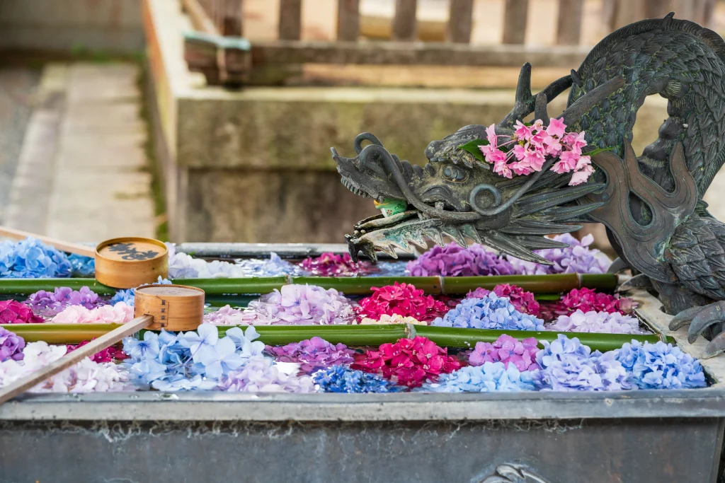 Flower-filled purification basin at Yanagidani Kannon in Kyoto