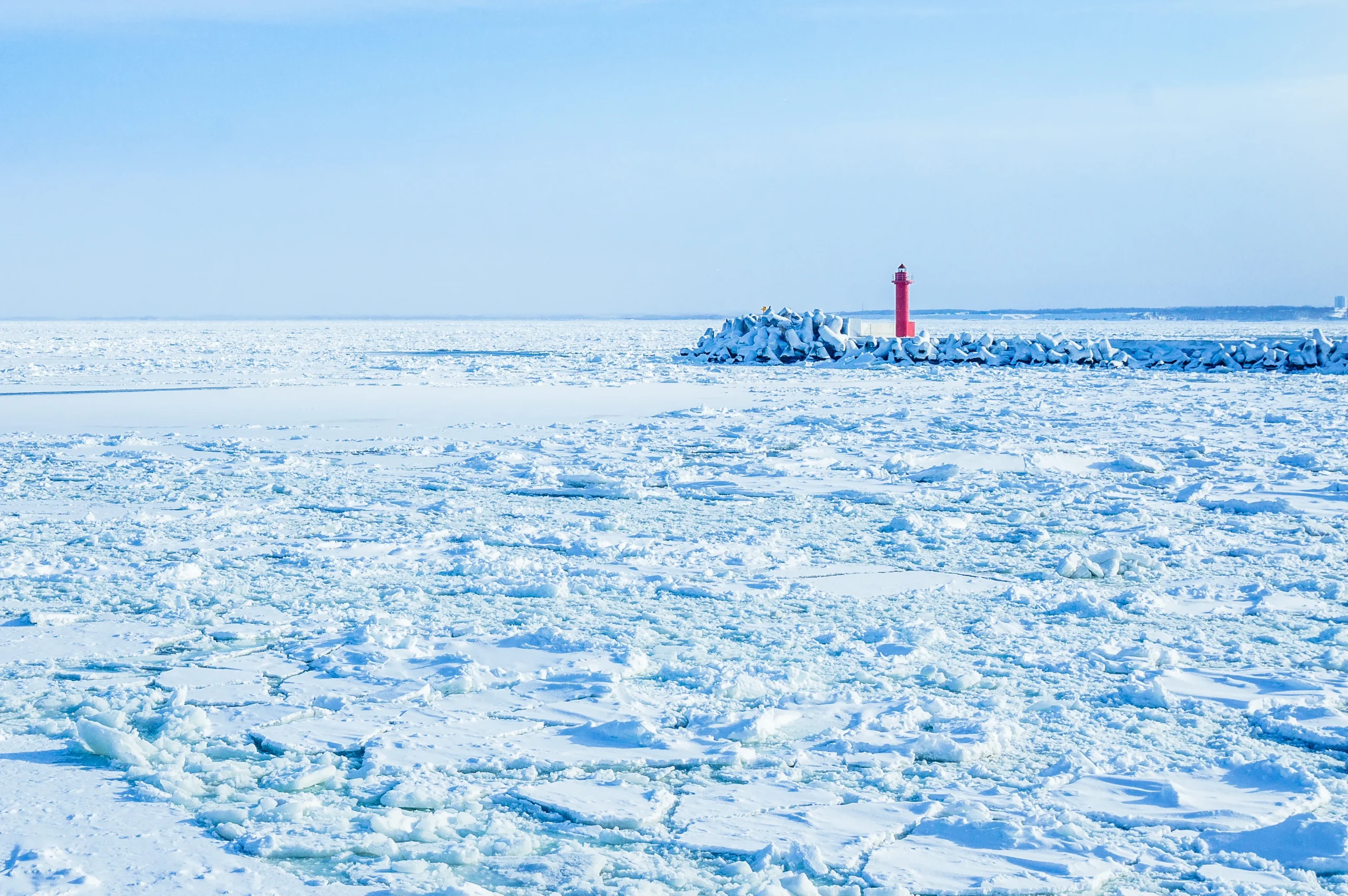 Aurora sightseeing icebreaker among drift ice off Abashiri, Hokkaido